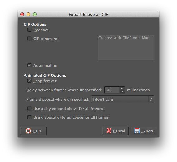 GIMP Export Image as GIF Options