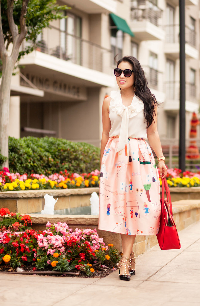 cute & little blog | petite fashion | choies pink character midi skirt, ivory silk blouse, kate spade red satchel, black studded pumps | spring summer outfit