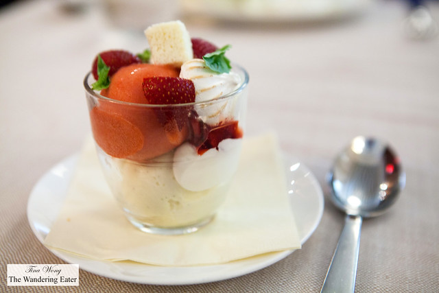 Coppa - Toasted meringue, strawberries, basil, strawberry, vanilla gelato