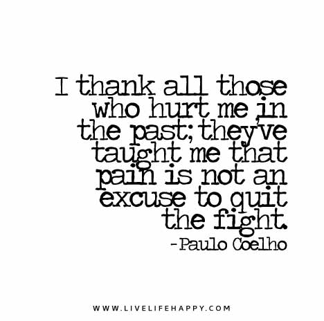 I thank all those who hurt me in the past; they've taught me that pain is not an excuse to quit the fight. - Paulo Coelho