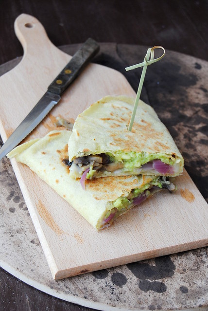 Quesadillas with caramelized onion, mushrooms and avocado