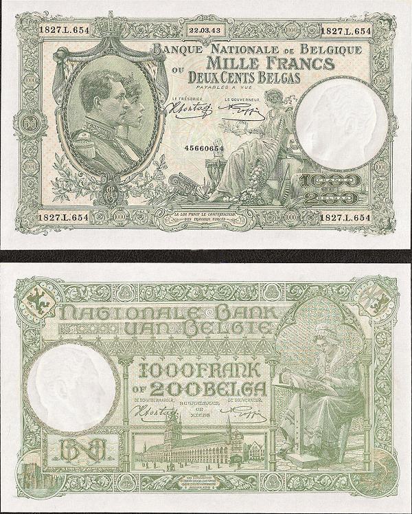 1000 belgických frankov - 200 belgas  Belgicko 1943