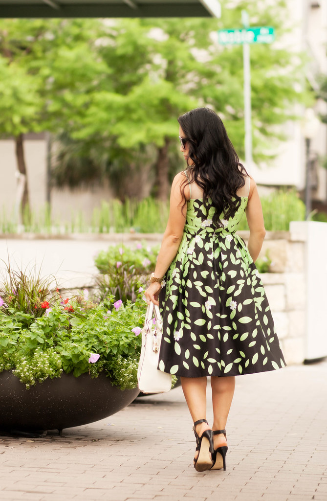 cute & little blog | petite fashion | choies black green leaves mesh high-low daisy dress, ann taylor rosie strappy black sandals, white satchel handbag | spring summer outfit