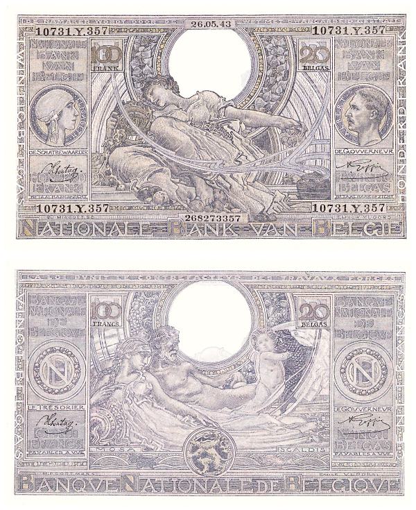 100 belgických frankov - 20 belgas  Belgicko 1943