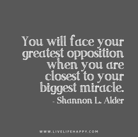 You will face your greatest opposition when you are closest to your biggest miracle. - Shannon L. Alder