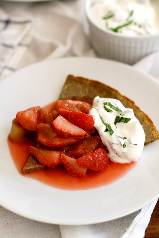 Buckwheat Dutch Baby with Strawberry Rhubarb Compote and Basil Whipped Cream | www.girlversusdough.com @girlversusdough