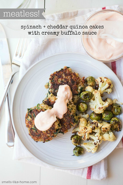 Spinch and Cheddar Quinoa Cakes with Creamy Buffalo Sauce