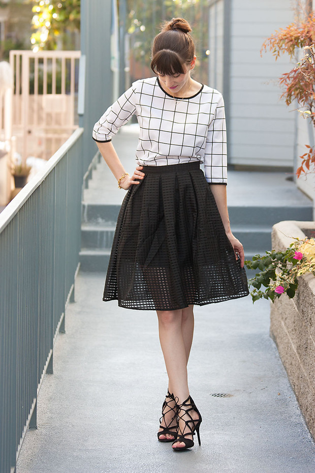 Walk Trendy Skirt, Grid Print Top, Lace Up Heels, Black and White Outfit