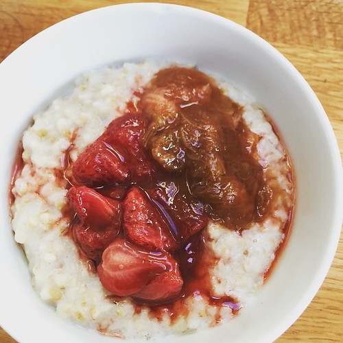 Morning world. Strawberry rhubarb porridge this morning. Glad to see the sun after storms overnight.