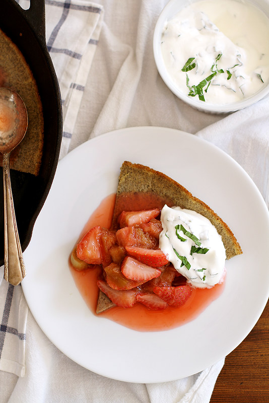 Buckwheat Dutch Baby with Strawberry Rhubarb Compote and Basil Whipped Cream | girlversusdough.com @girlversusdough