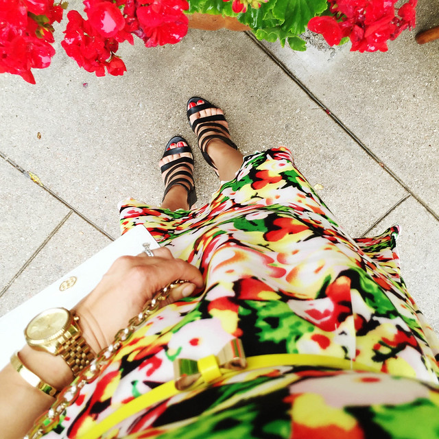 cute & little blog | floral drop waist flounce dress, yellow bow belt, ann taylor rosie gladiator sandals, tory burch robinson wallet on chain | spring summer outfit