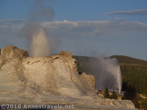 Castle Geyser and Beehive Geyser blow simultaneously... actually, Old Faithful was also going at that second, but I couldn't see it from this vantage point. Upper Geyser Basin, Yellowstone National Park, Wyoming