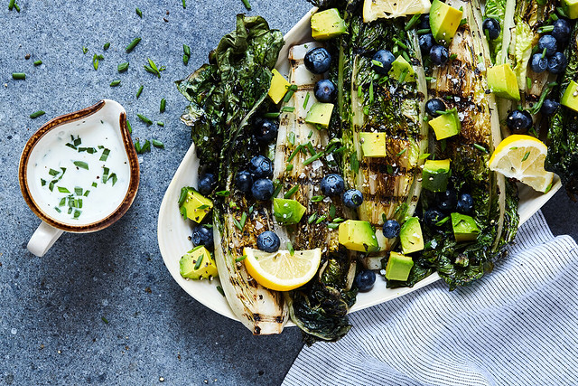 Grilled Romaine Salad with Blueberries, Avocado and Creamy Lemon Tarragon Vinaigrette