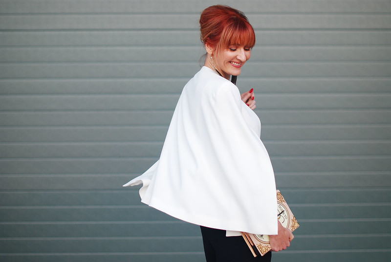 Awards ceremony outfit: White cape, navy culottes, Paris book clutch | Not Dressed As Lamb, over 40 style