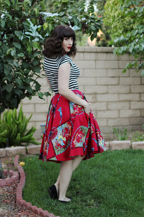 Trashy Diva Circle Skirt in Red Fans Print Modcloth Roller Derby Date Top in Black