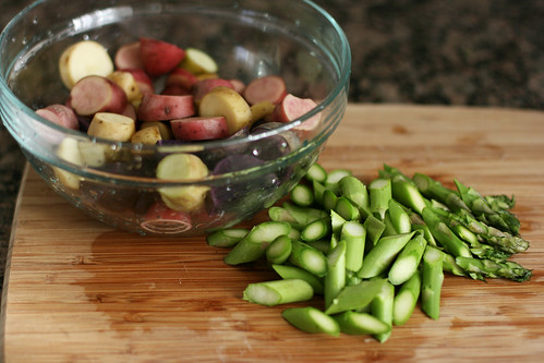 Sliced fingerling potatoes and asparagus