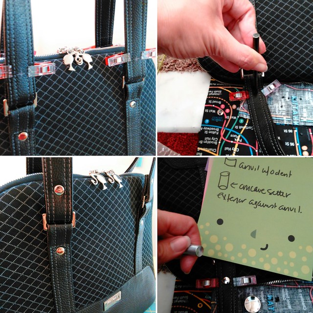 Blue Calla Boronia Bowler Bag:  Rivet installation for the straps