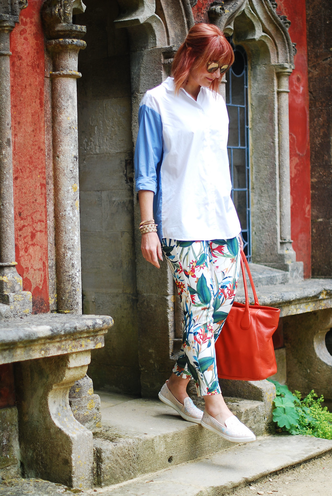 Summer style: Two-tone button up shirt, tropical print pants, orange tote, embellished sneakers (Painswick Rococo Garden, the Cotswolds) | Not Dressed As Lamb, over 40 style