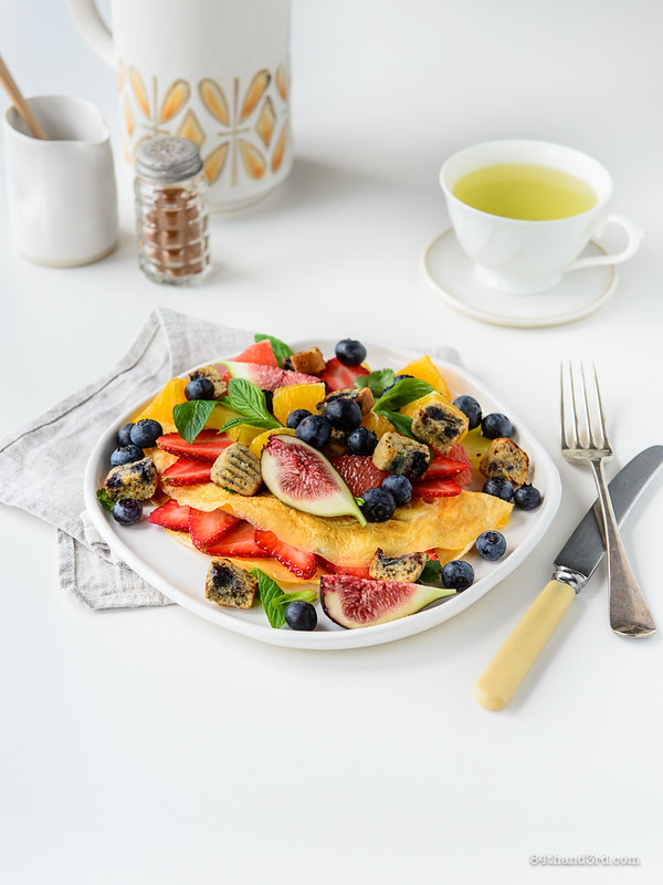 Fruit Omelette & Blueberry Muffin Croutons