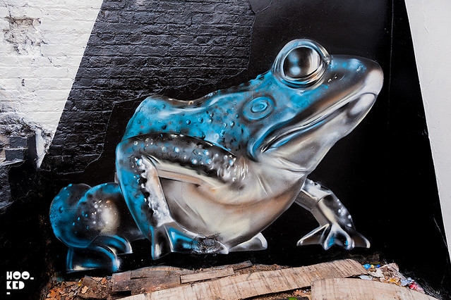 Street Art Mural featuring a 3D frog, painted in London by artist Fanakapan