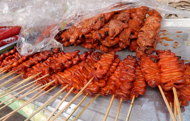 isaw chicken intestines on stick filipino street food