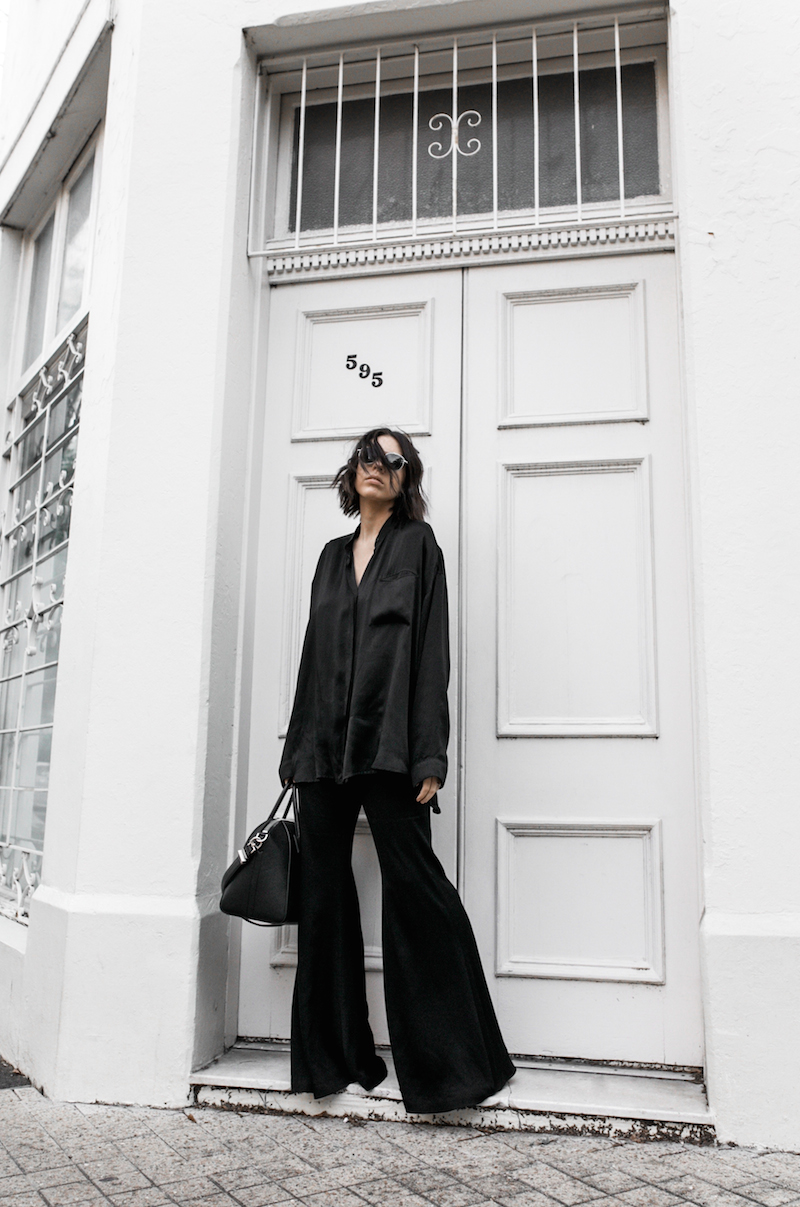 pyjama trend silk separates Ellery flares Haider Ackermann Givenchy Antigona Medium minimal all black ootd street style inspo fashion blogger modern legacy (1 of 8)