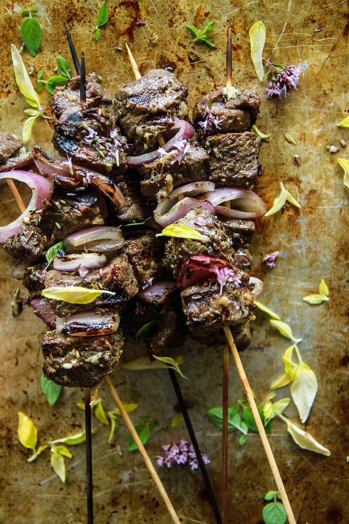 Greek Lamb Skewers with Village Salad from HeatherChristo.com