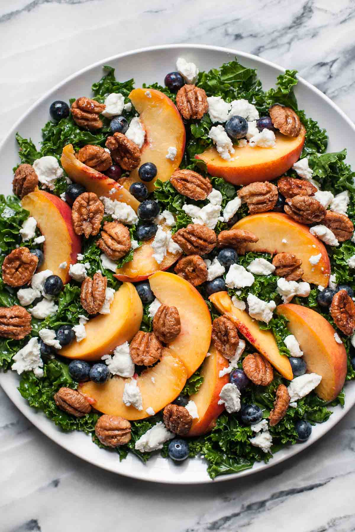 Summer Kale Salad with Peaches and Candied Pecans