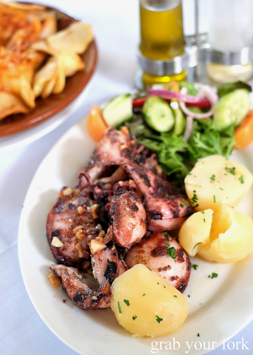 Grilled cuttlefish with boiled potatoes and salad at Casa do Benfica, Petersham